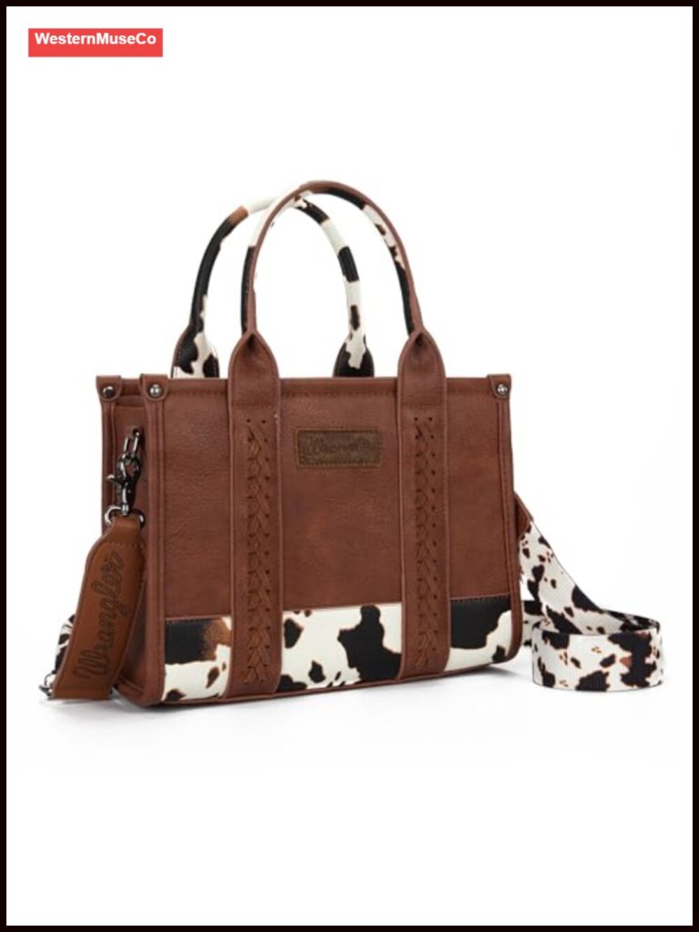 Wrangler Cow Print Whipstitch Top Handle Satchel Tote Crossbody Bag